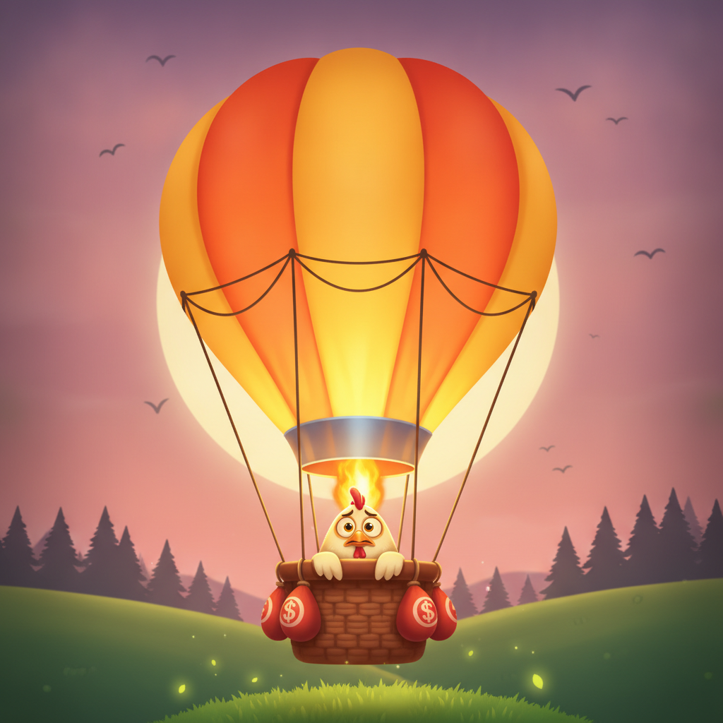 BalloniX gioco crash pallone aerostatico con pollo pilota, mongolfiera dorata arancione su paesaggio crepuscolare colline verdi