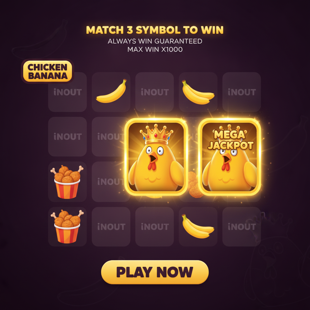 Chicken Banana slot con griglia 5x4 di carte gratta e vinci, polli dorati con corone per jackpot Mega x1000, banane gialle e secchielli di pollo fritto su sfondo viola scuro
