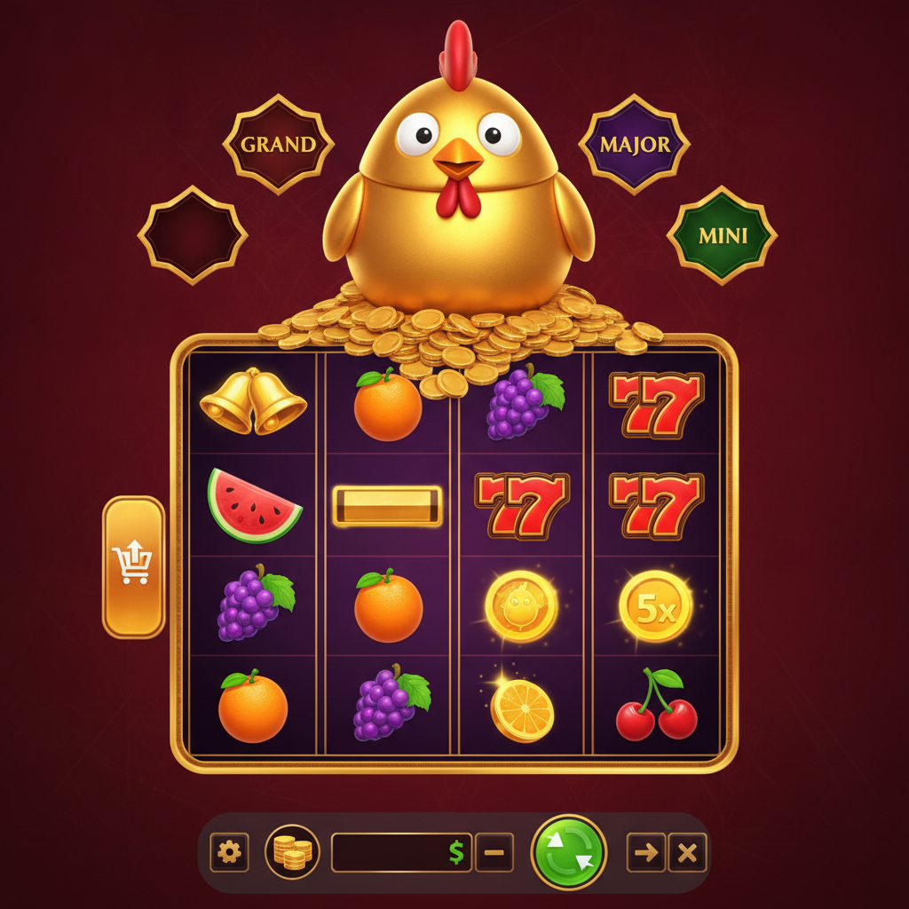 Chicken Coin Hold and Win slot con pollo dorato su monete, griglia 3x4, simboli frutti e monete bonus