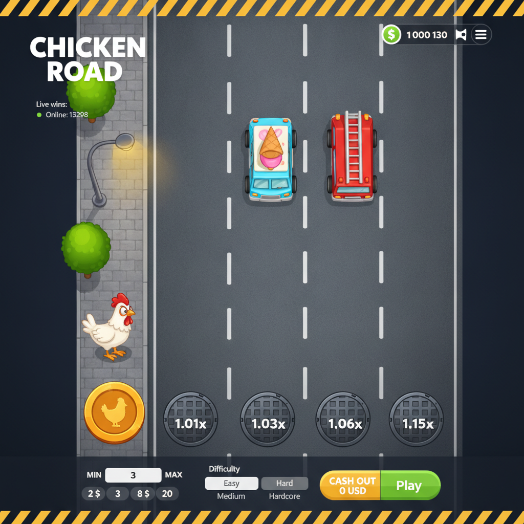 Chicken Road gioco crash con gallina cartoon che attraversa strada multi-corsia con auto colorate, moltiplicatori crescenti e barriere stradali