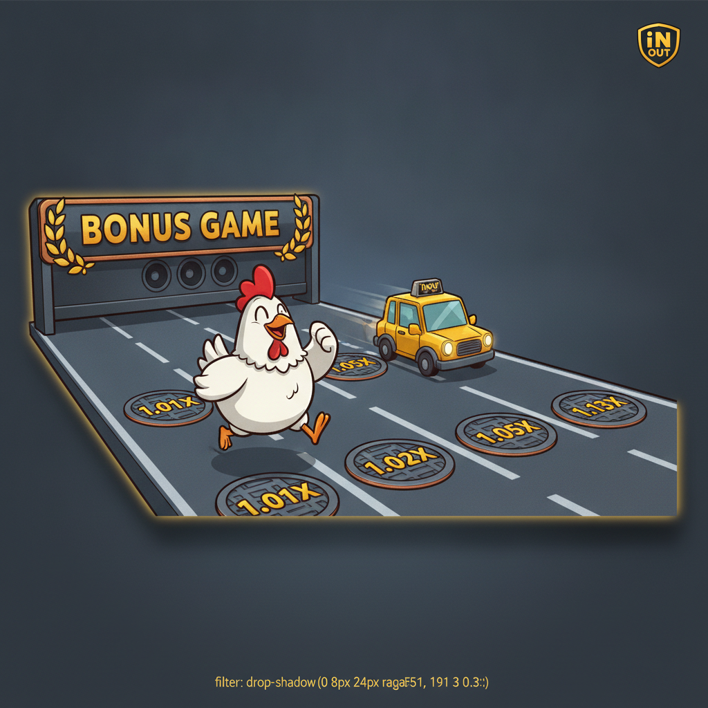 Chicken Road 2 Bonus slot game con pollo cartoon che attraversa corsie stradali con moltiplicatori progressivi e veicoli colorati su sfondo grigio asfaltato