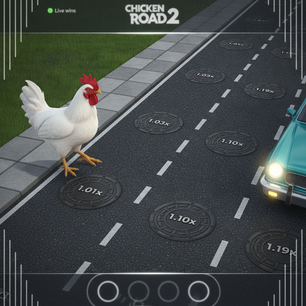 Chicken Road 2 gallina bianca con cresta rossa che attraversa strada asfaltata con 6 corsie e moltiplicatori