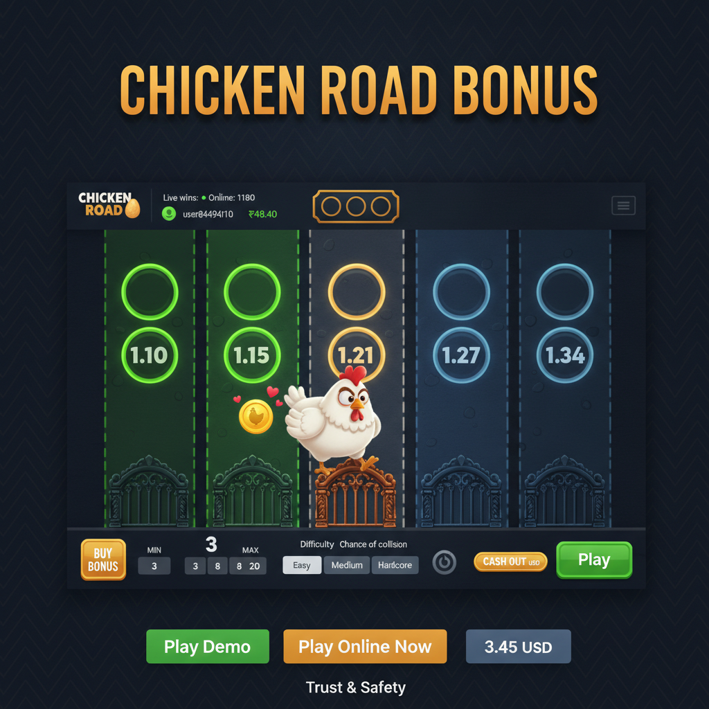 Chicken Road Bonus slot di InOut Games con gallina che attraversa corsie stradali con moltiplicatori progressivi da 1.01x a oltre 1.000.000x, monete bonus dorate e cerchi moltiplicatori verdi attivi