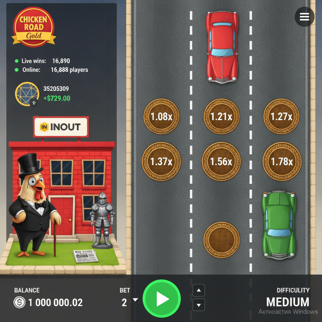 Chicken Road Gold: pollo gentleman con cilindro e monocolo attraversa strada con auto d'epoca e monete moltiplicatore dorate su asfalto