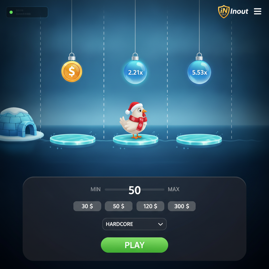 Chicken Road Ice slot game con pollo natalizio che attraversa lastre di ghiaccio sospese sull'acqua, moltiplicatori a forma di palle di Natale blu e rischio squalo