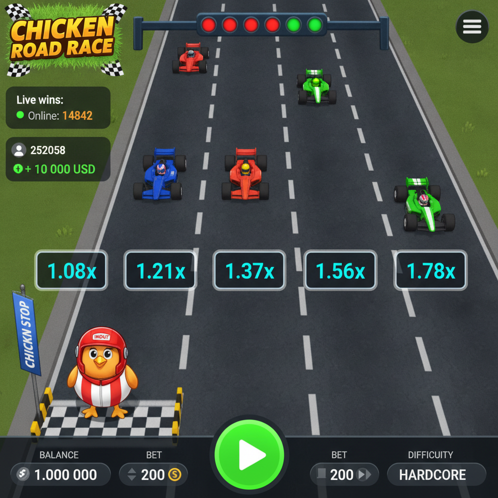 Chicken Road Race slot game con pollo mascotte in casco rosso, strada asfaltata con corsie multiple, auto da corsa colorate e moltiplicatori progressivi in stile crash