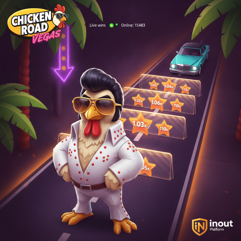 Chicken Road Vegas slot con pollo Elvis in costume bianco attraversa strada di Las Vegas con auto di lusso cyan e moltiplicatori arancioni a stella