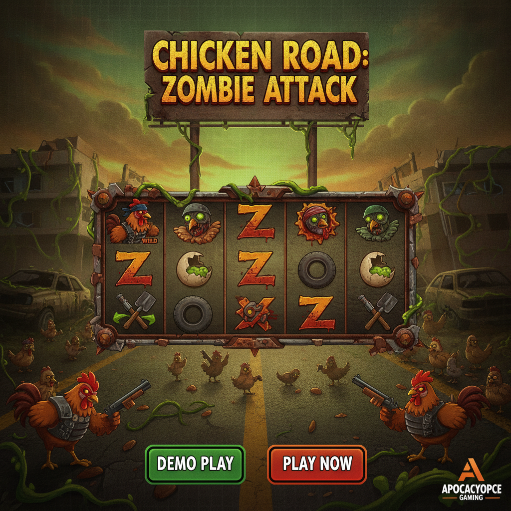 Chicken Road Zombie Attack slot con polli combattenti, zombie apocalittici e simboli moltiplicatori esplosivi su sfondo post-apocalittico