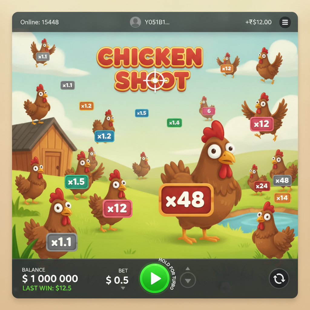 Chicken Shoot slot InOut con galline cartoon su sfondo fattoria, moltiplicatori colorati da x1.1 a x48, pulsante verde play